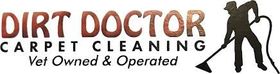 Logo for Dirt Doctor Carpet Cleaning, with a silhouette of a person cleaning a carpet. Text says "Vet Owned & Operated."