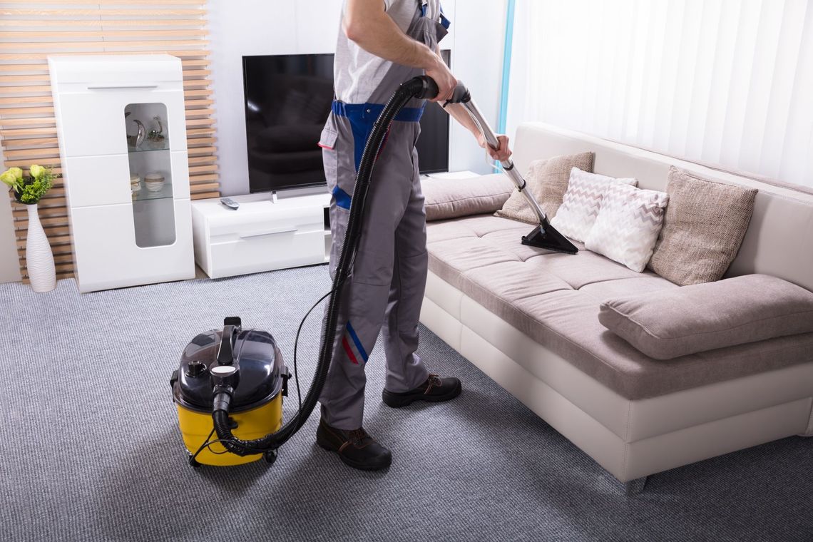 Person vacuuming a sofa in a living room, using a yellow and black vacuum cleaner.