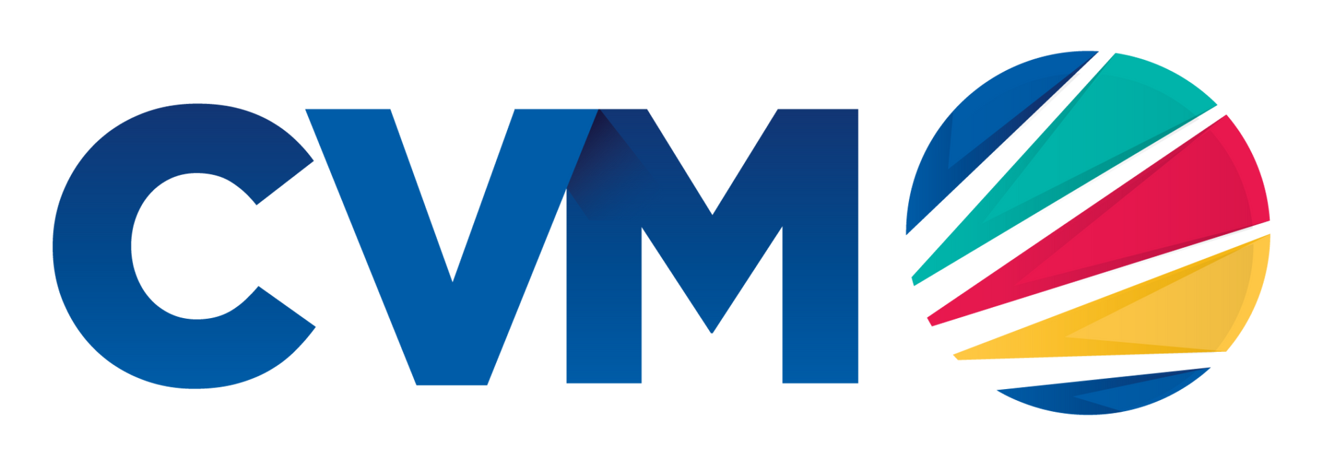 The cvm logo is blue with a colorful circle in the middle.