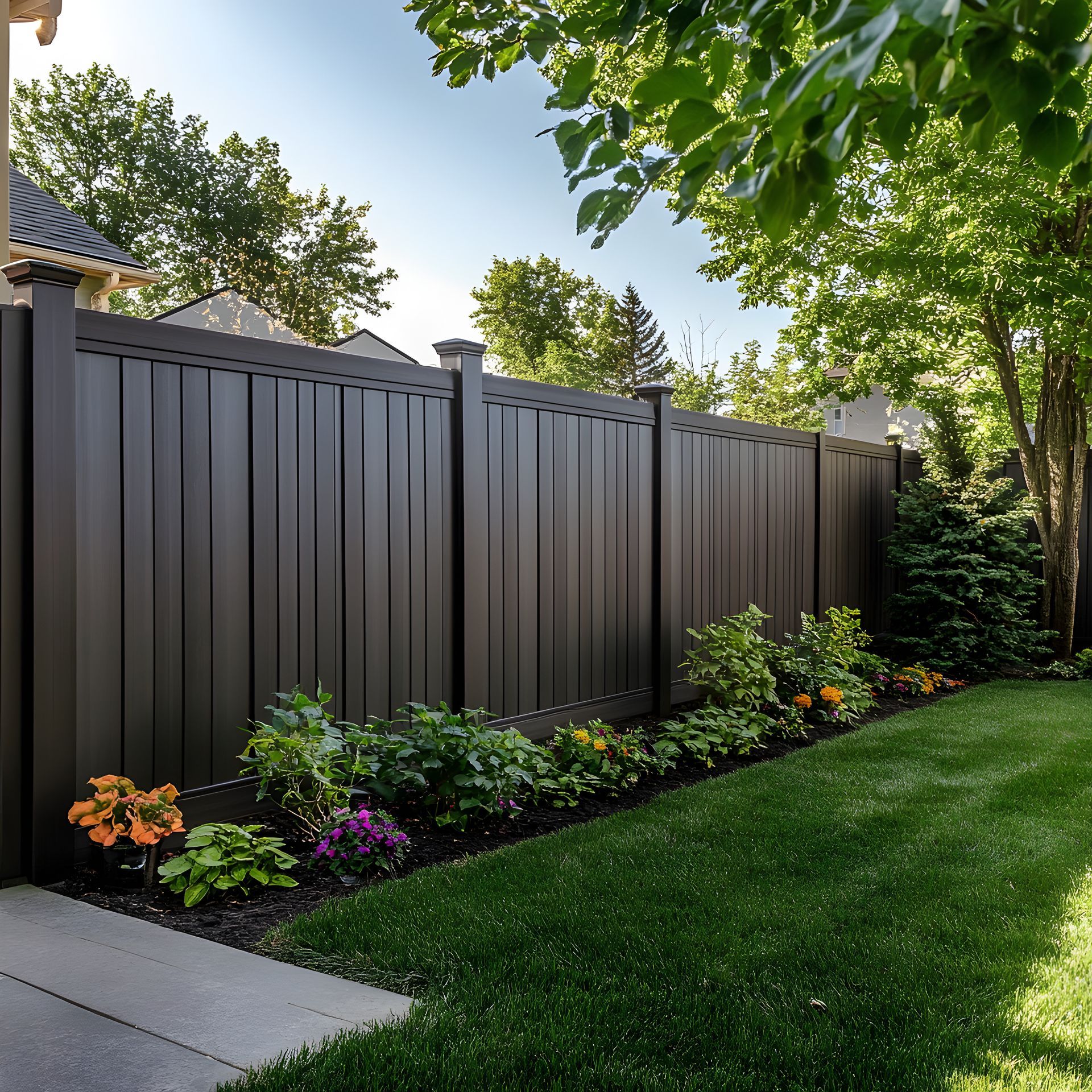 Une clôture noire entoure une cour verdoyante