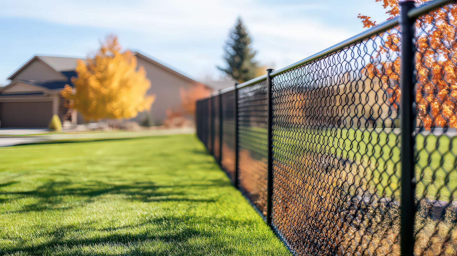 Une clôture grillagée entoure une pelouse verte luxuriante devant une maison.