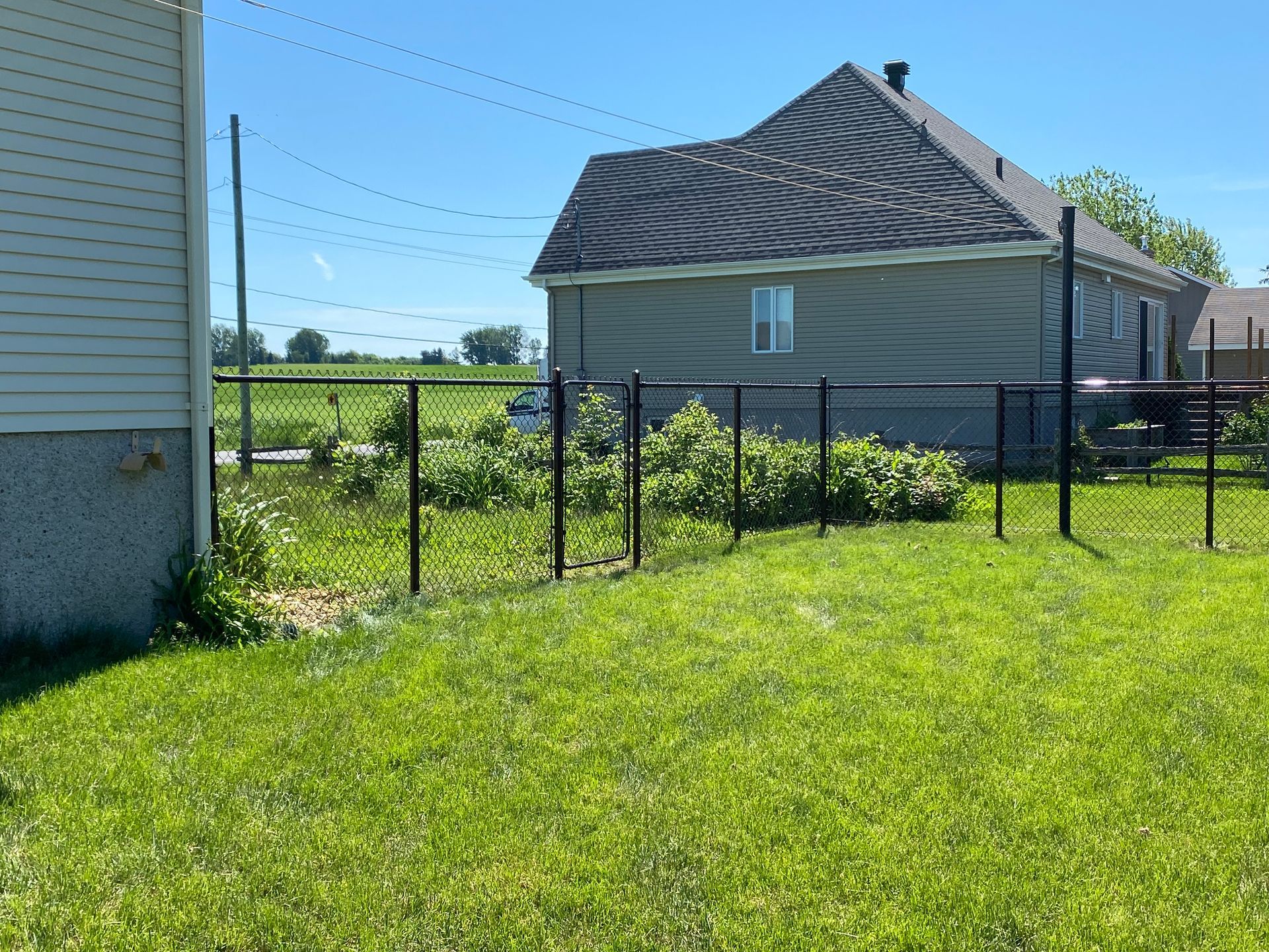 Une cour arrière avec une clôture et une maison en arrière-plan.