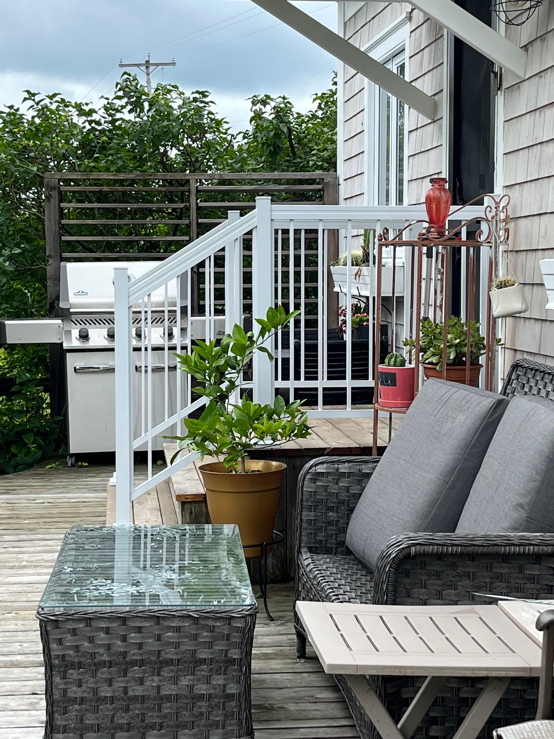 Une terrasse avec un canapé, une chaise, une table et des plantes en pot