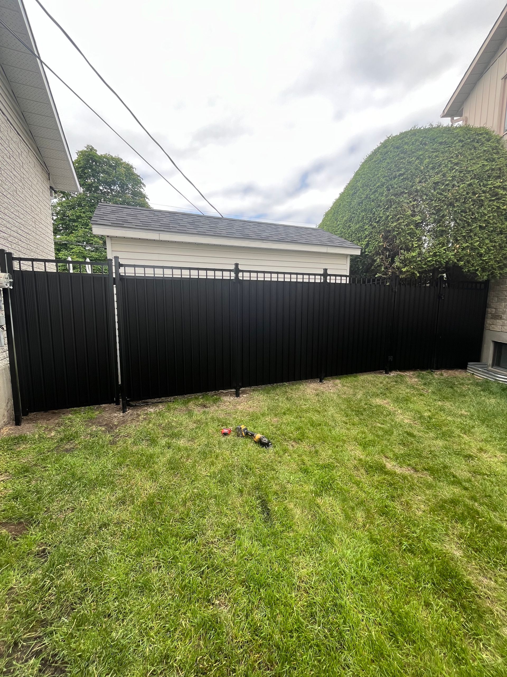 Une clôture noire se trouve dans l'arrière-cour d'une maison.