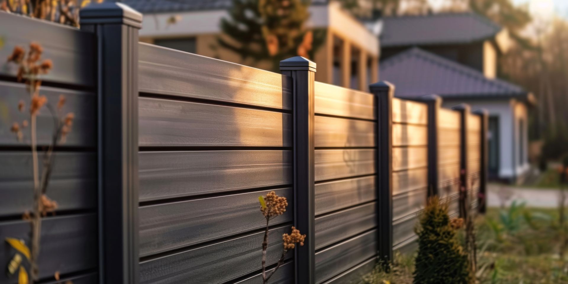 Une clôture en bois noir se trouve devant une maison.