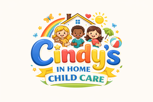 Cindy's In-Home Child Care logo with diverse children, rainbow, house, sun, and beach ball.