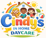 Logo for Cindy's In Home Child Care, featuring cartoon children, rainbow, sun, and house.