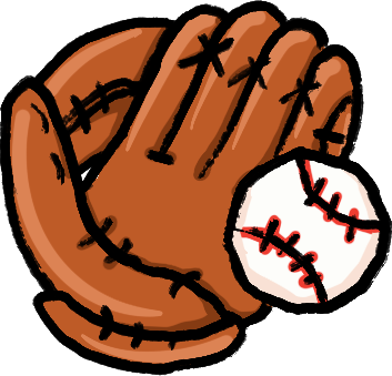 A cartoon drawing of a baseball glove holding a baseball.