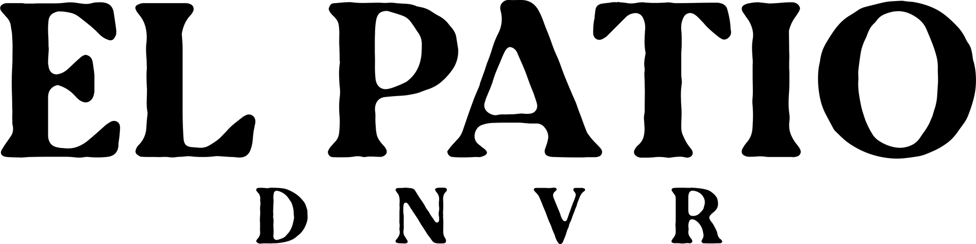 A black and white logo for el patio dnvr on a white background.