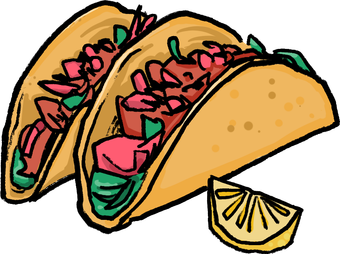 A cartoon drawing of two tacos and a slice of lemon.