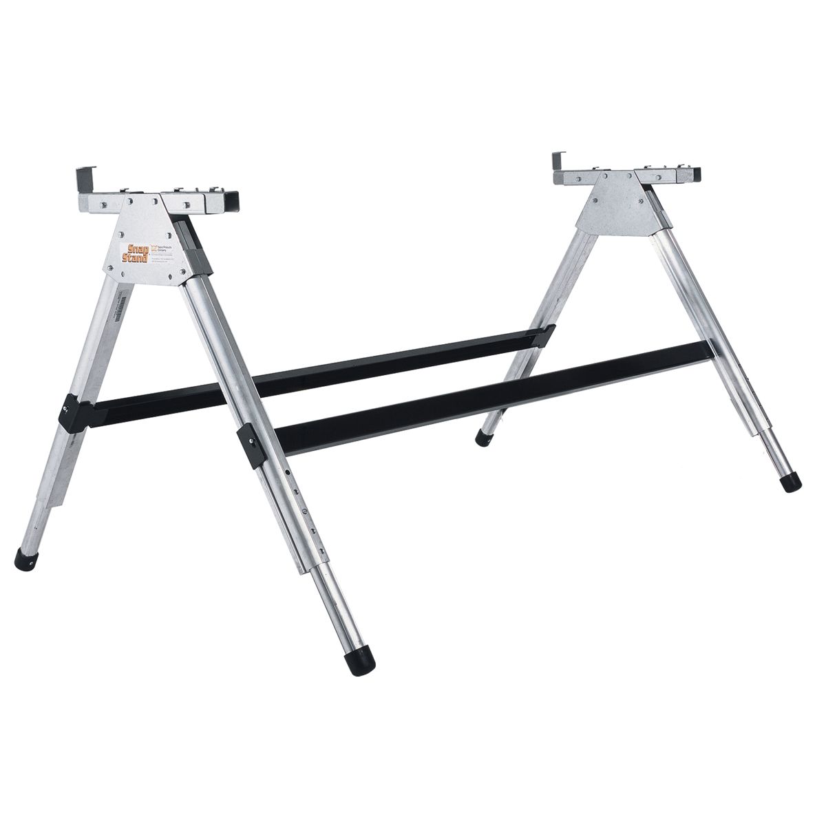 A pair of aluminum saw stands on a white background.