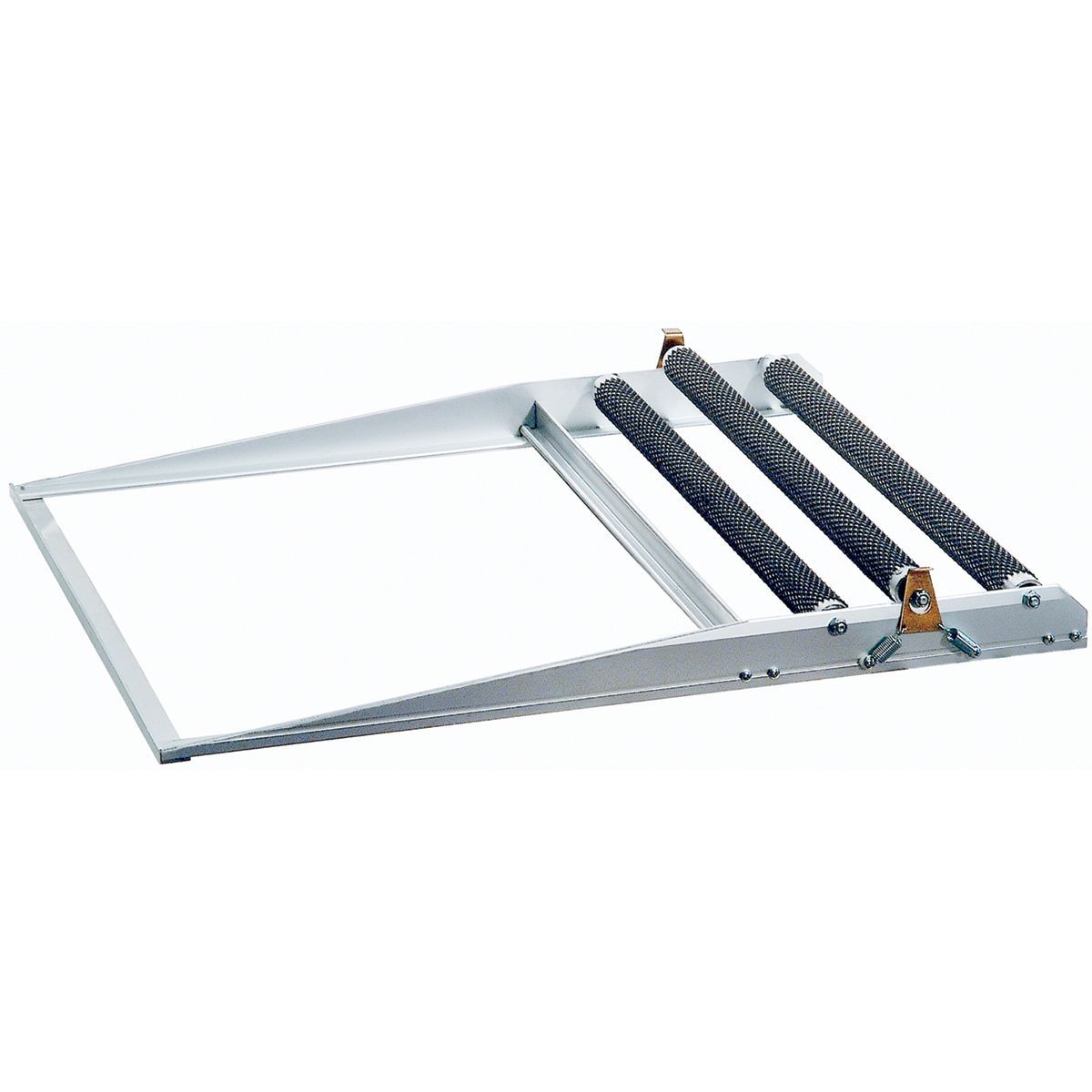 A metal frame with three rollers attached to it on a white background.