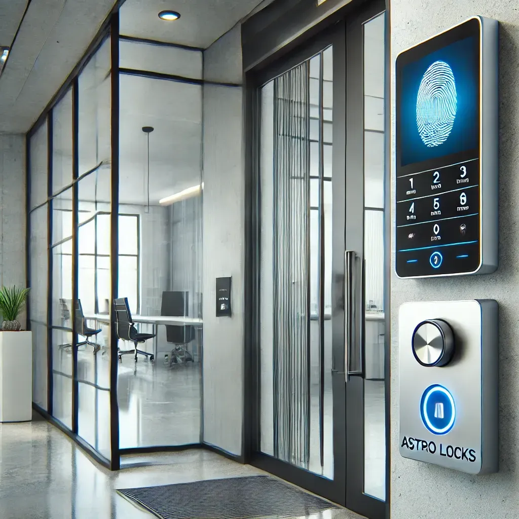 A sliding glass door with a keyless smart lock pad button that says astro locks on it
