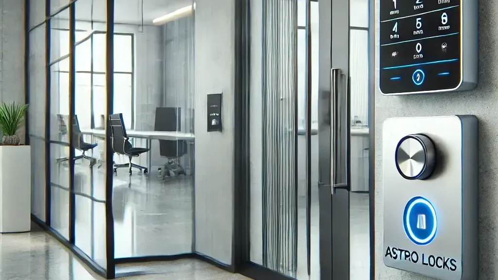 A modern office with a lot of windows and, sliding glass door and a smart key system.
