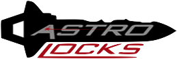A logo for astro locks with a key in the middle.