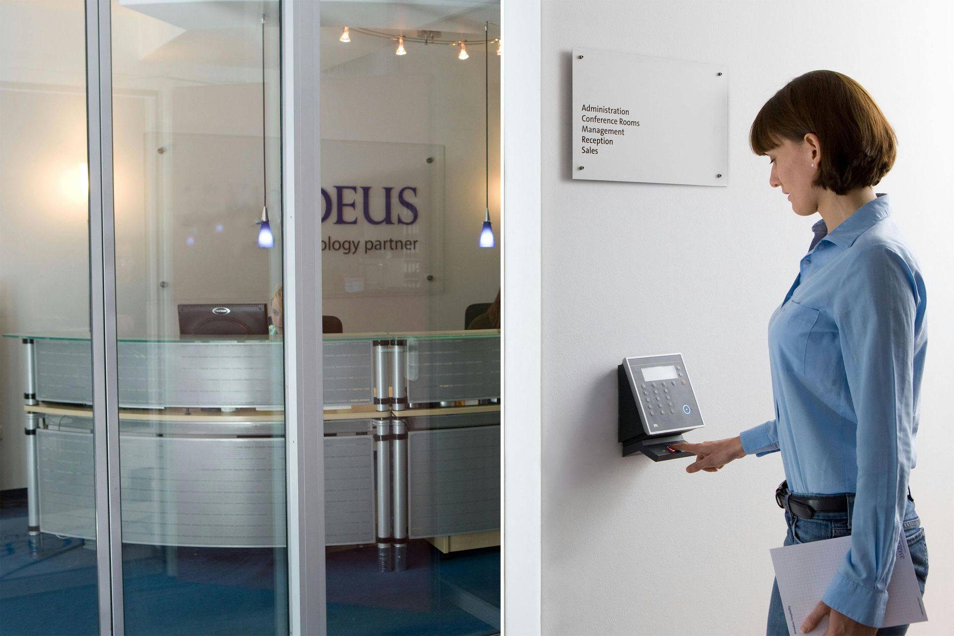 A woman is standing in front of a smart key lock
