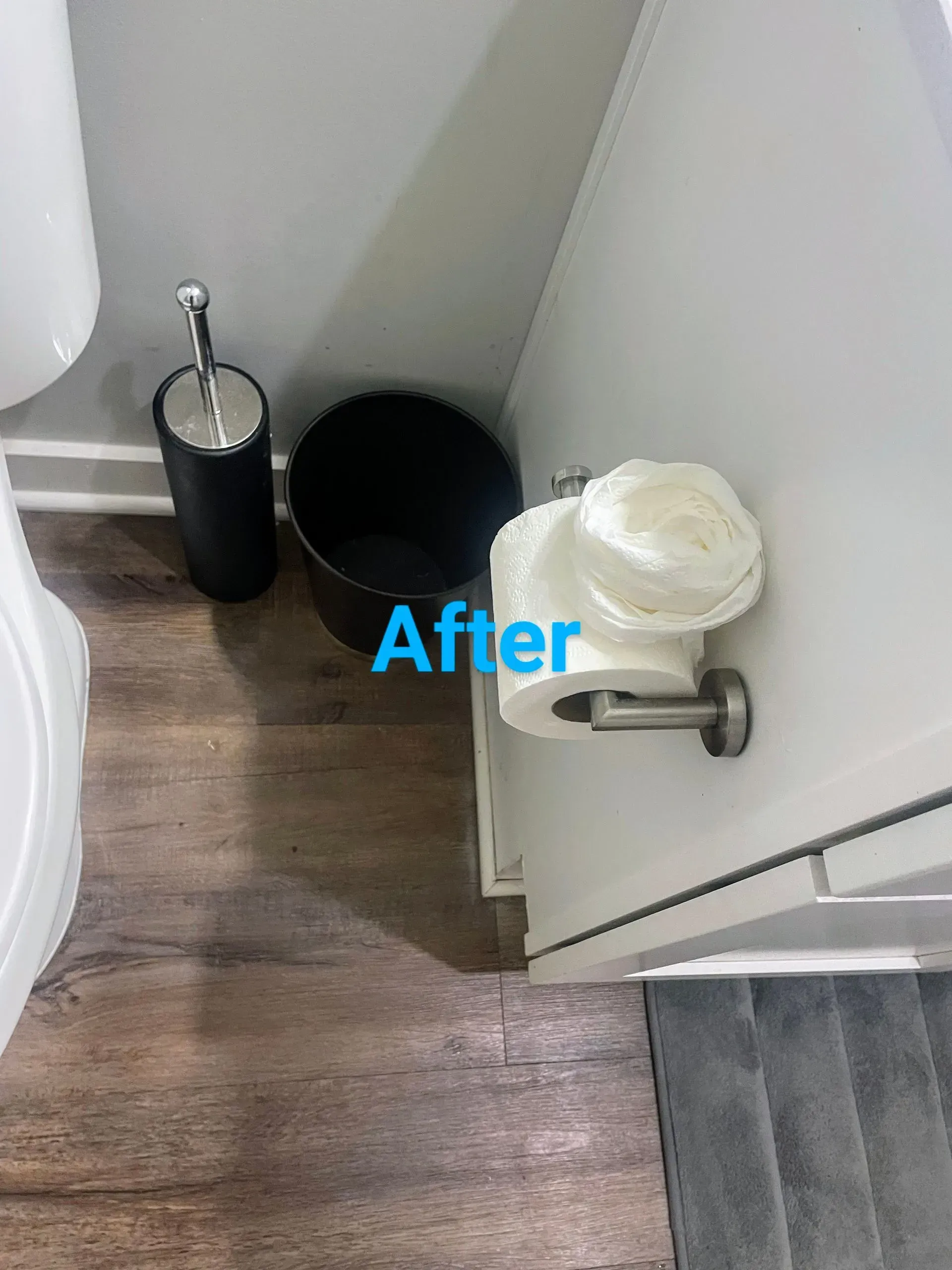 Bathroom corner with toilet brush, trash can, and toilet paper holder. Light wood-look flooring.