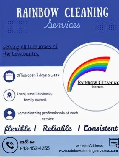 Advertisement for Rainbow Cleaning Services with a rainbow logo and contact information.