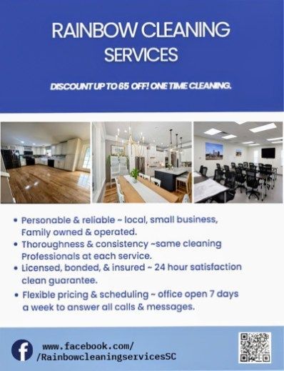 Rainbow Cleaning Services ad: offers discounts, features photos of cleaned rooms, lists services, contact info.