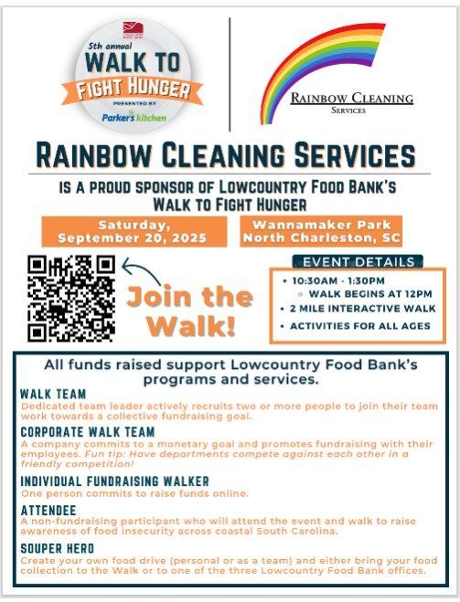 Poster for Rainbow Cleaning Services sponsoring Lowcountry Food Bank's Walk to Fight Hunger in North Charleston, SC.