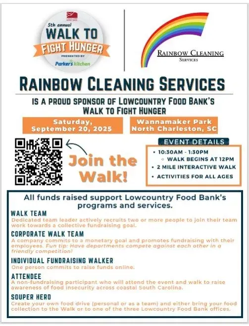 Flyer for a walk to fight hunger sponsored by Rainbow Cleaning Services, Saturday, September 16, 2025 at Wannamaker Park, SC.
