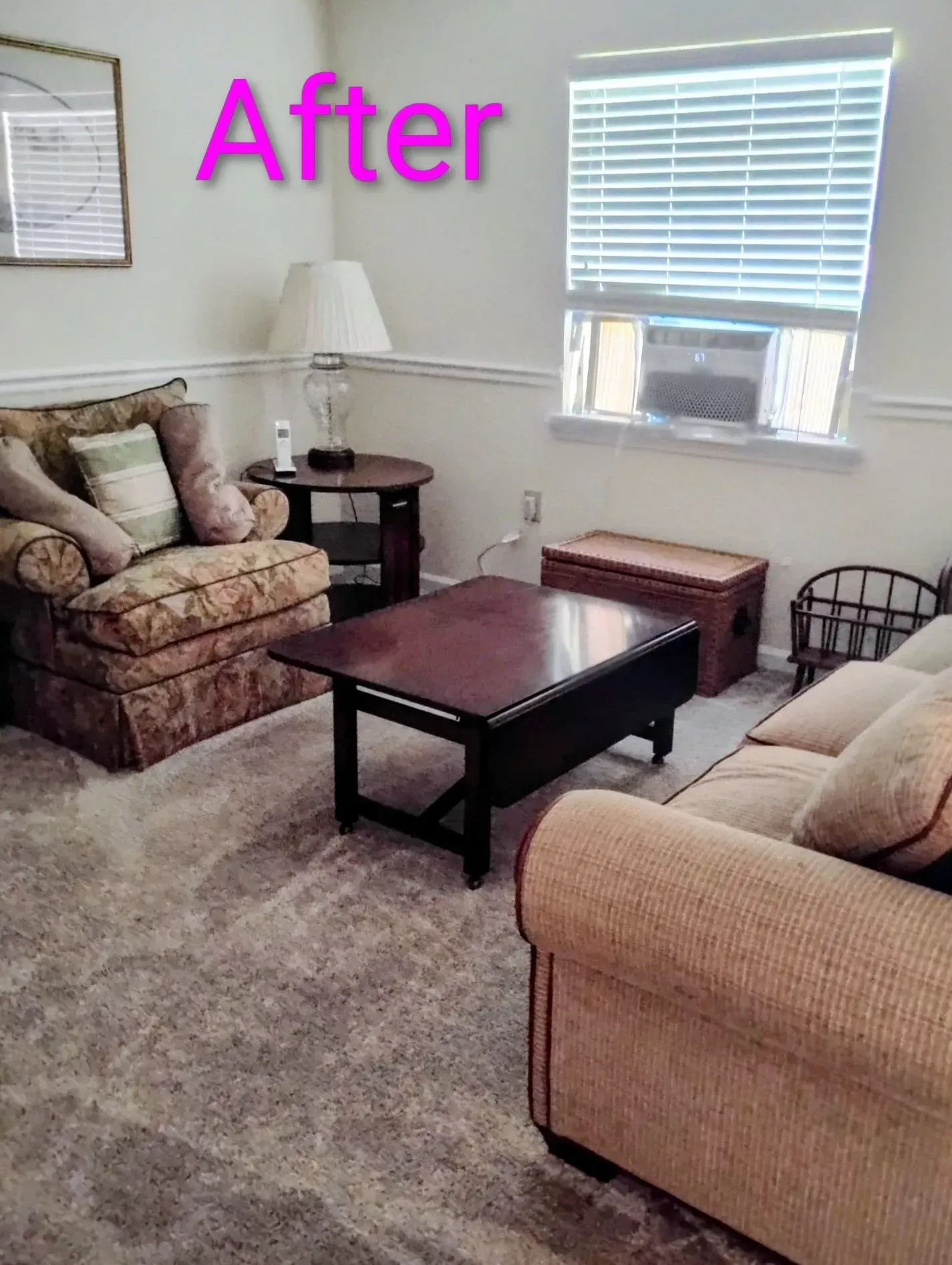 Cozy living room with floral armchair, sofa, dark coffee table, and window blinds. Neutral carpet and walls.