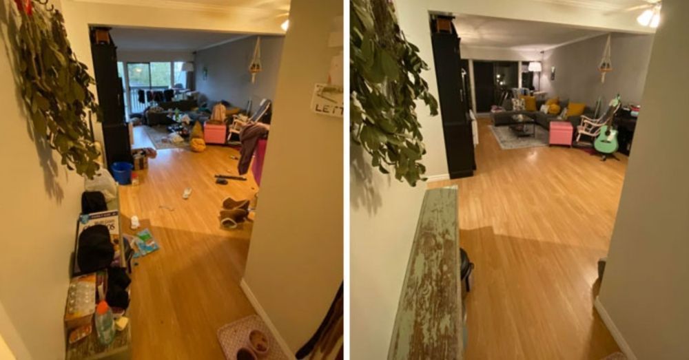 A couple of pictures of a living room before and after being cleaned.