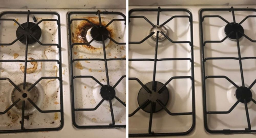 A before and after photo of a stove top oven.