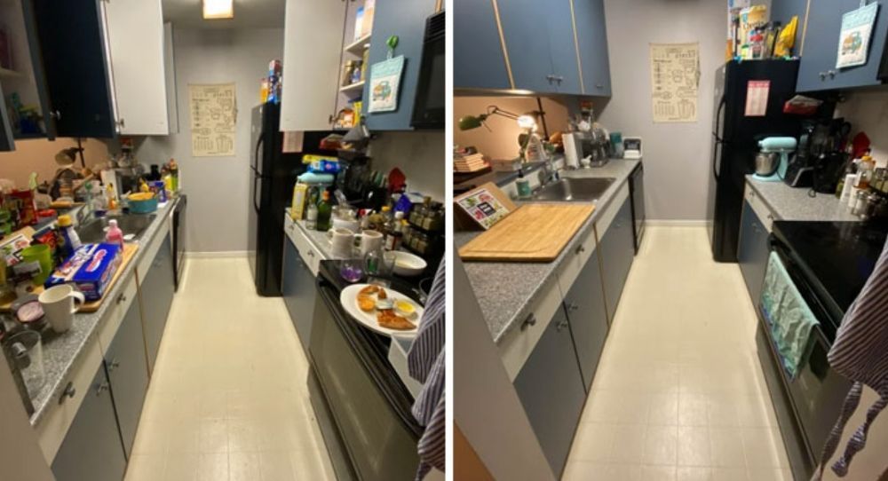 A before and after photo of a messy kitchen.