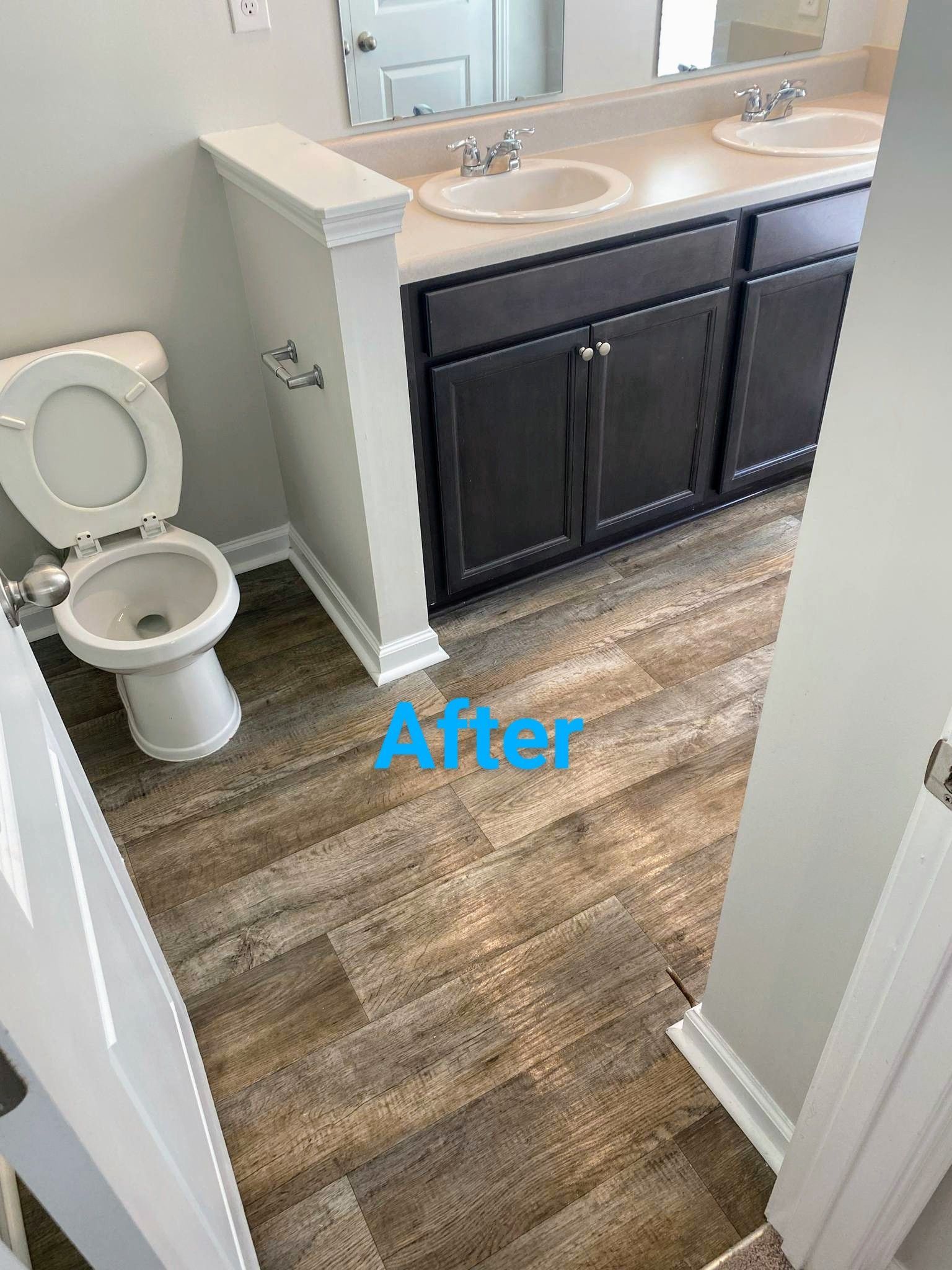 Bathroom with new wood-look flooring, dark cabinets, a toilet, and double sinks.