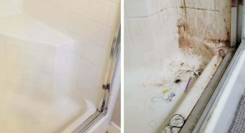 A before and after picture of a bathroom shower.