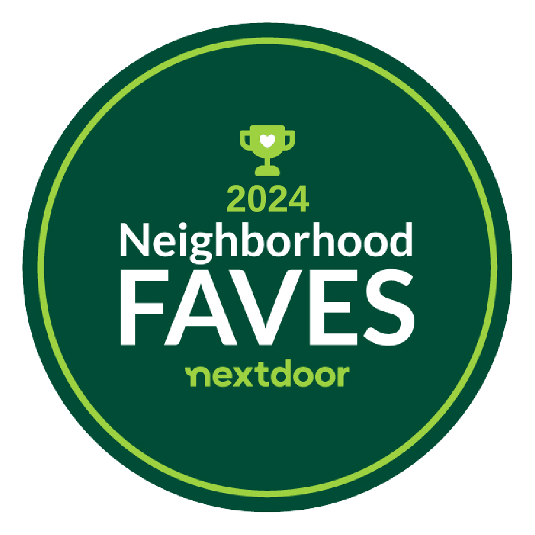 2024 Nextdoor Neighborhood Faves badge, green circle with white text and trophy icon.