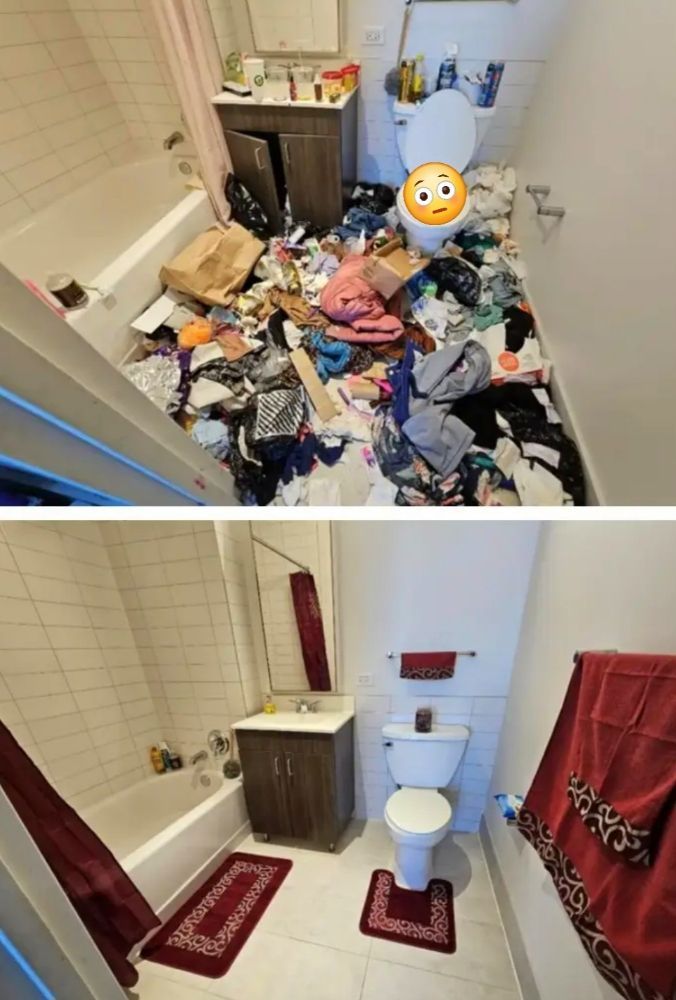 There is a before and after picture of a bathroom.