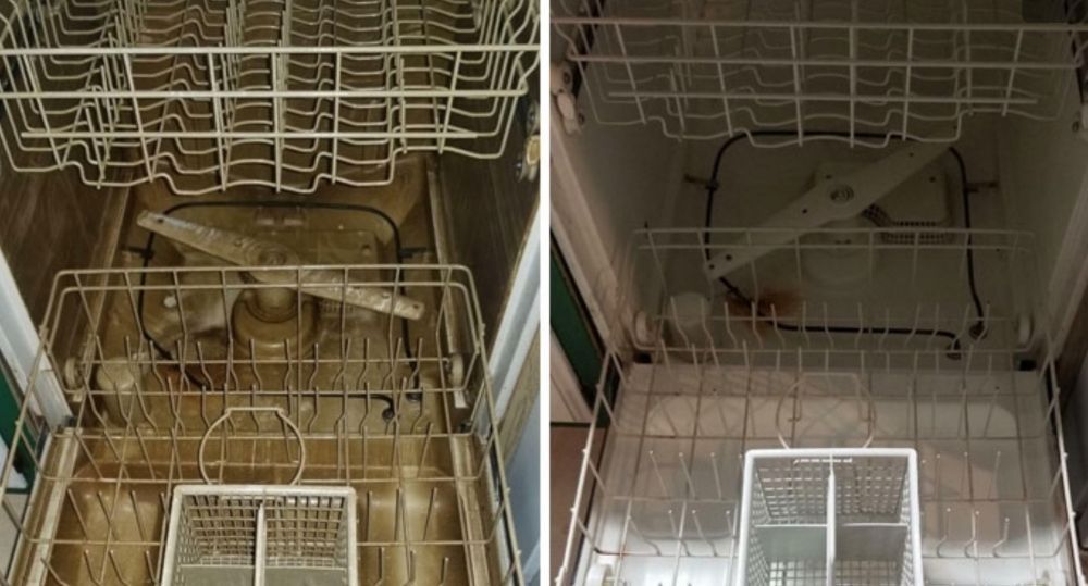 A before and after picture of a dirty and clean dishwasher.
