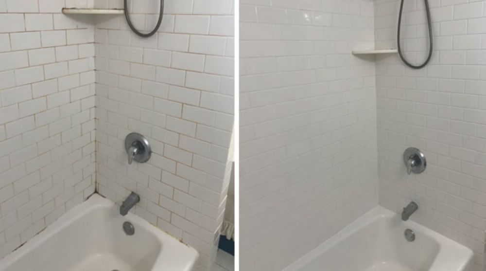 A before and after photo of a bathroom with a bathtub and shower.