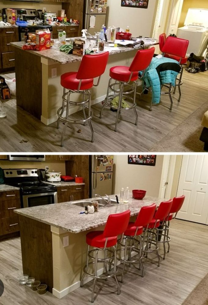 A before and after photo of a kitchen with red chairs.