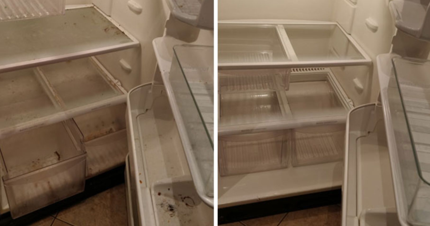 A before and after photo of an empty refrigerator.