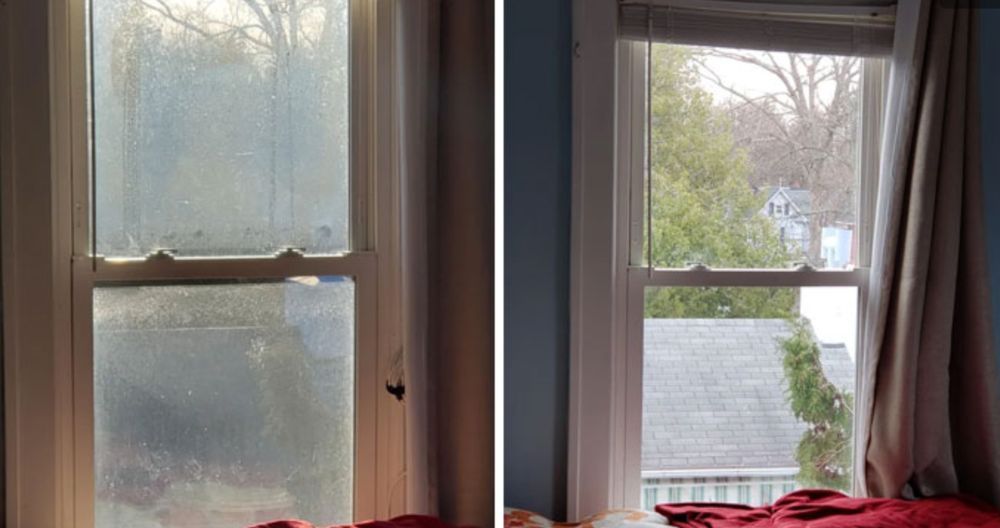 A before and after picture of a window in a bedroom.
