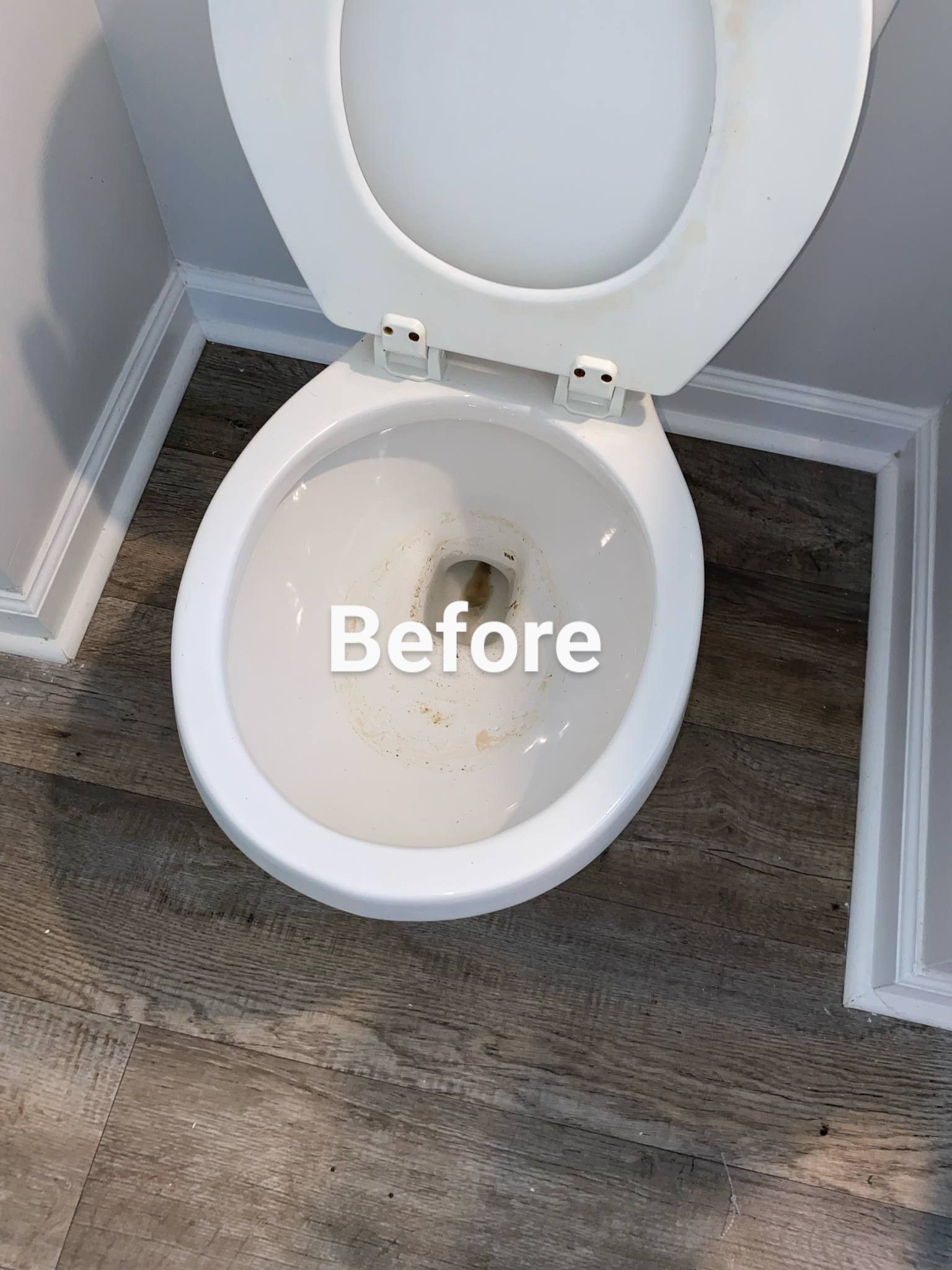 Toilet with open lid and dirty water, set in a bathroom with wood-look flooring. 