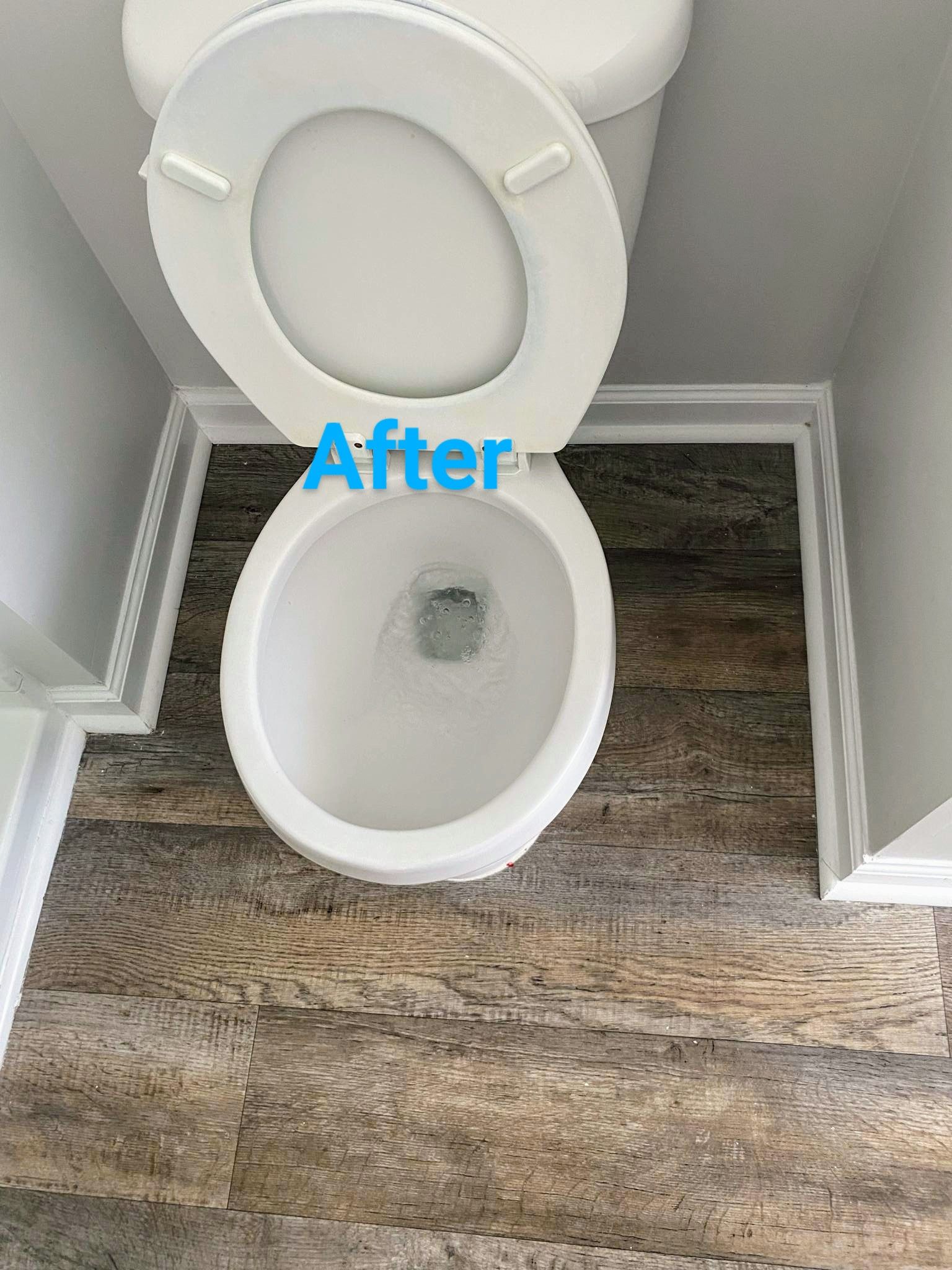 White toilet in bathroom with wood-look flooring and white trim, top-down view labeled 