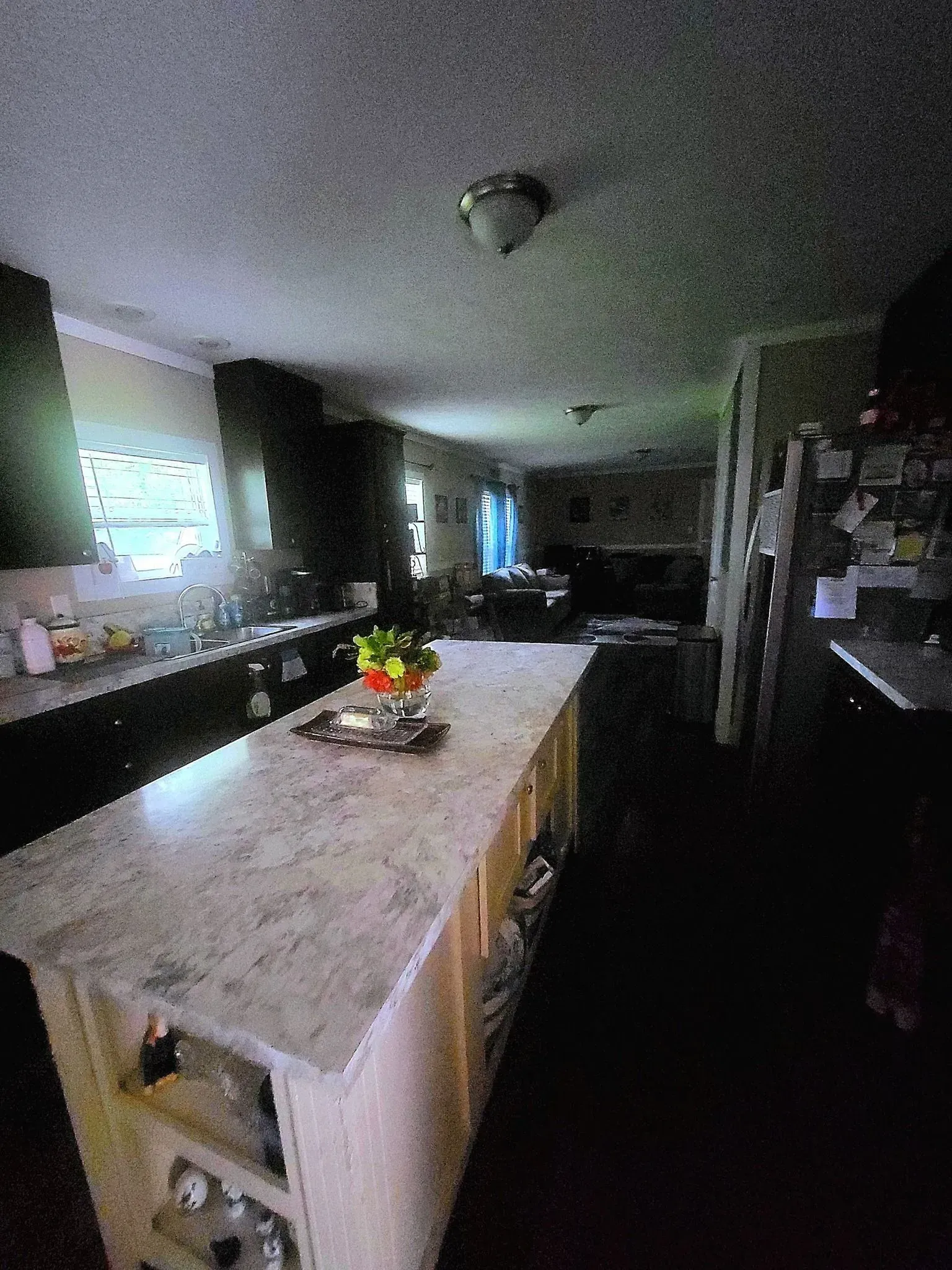 Kitchen with a large island and dark cabinets. Fruit bowl on the island, bright countertop, dark floors.