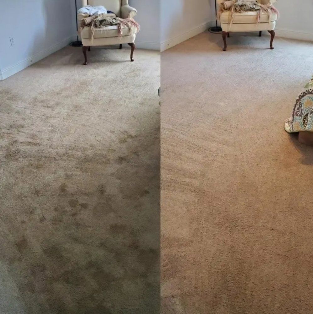 A before and after picture of a carpeted floor in a living room.