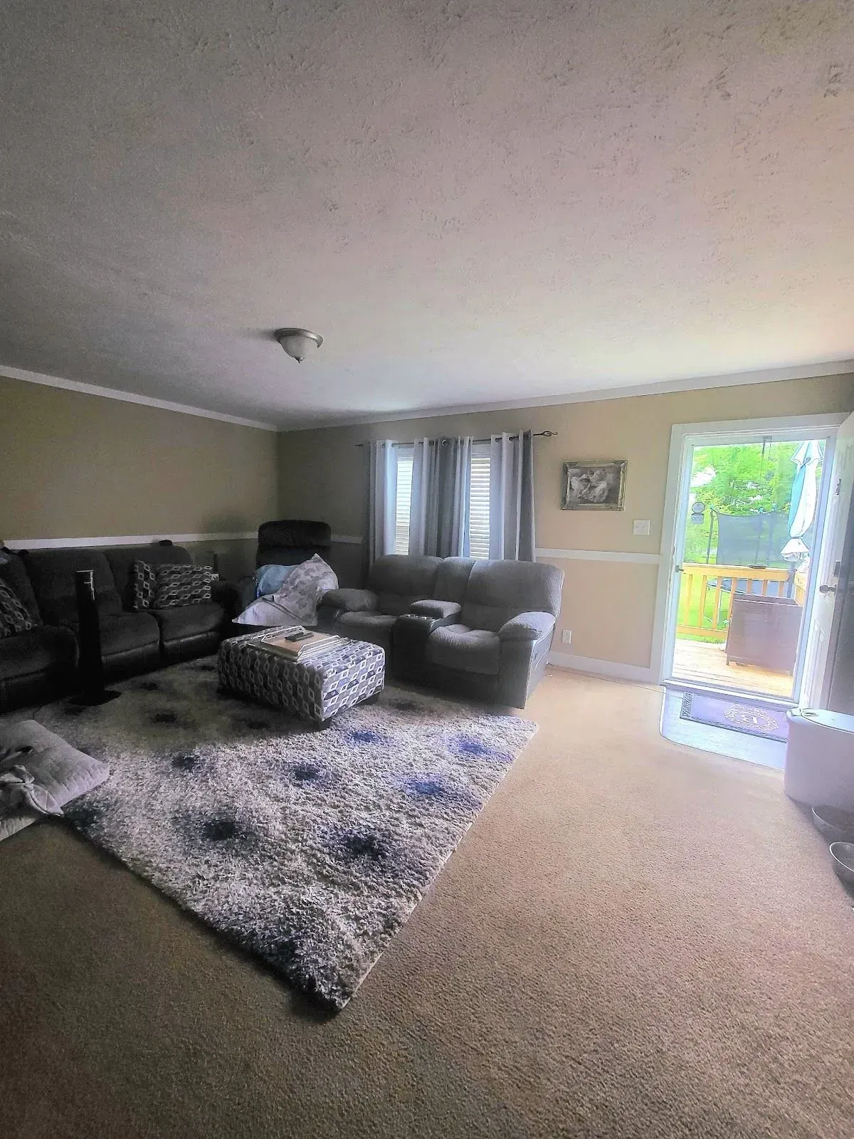 Living room with gray couches, patterned rug, and open door to deck.