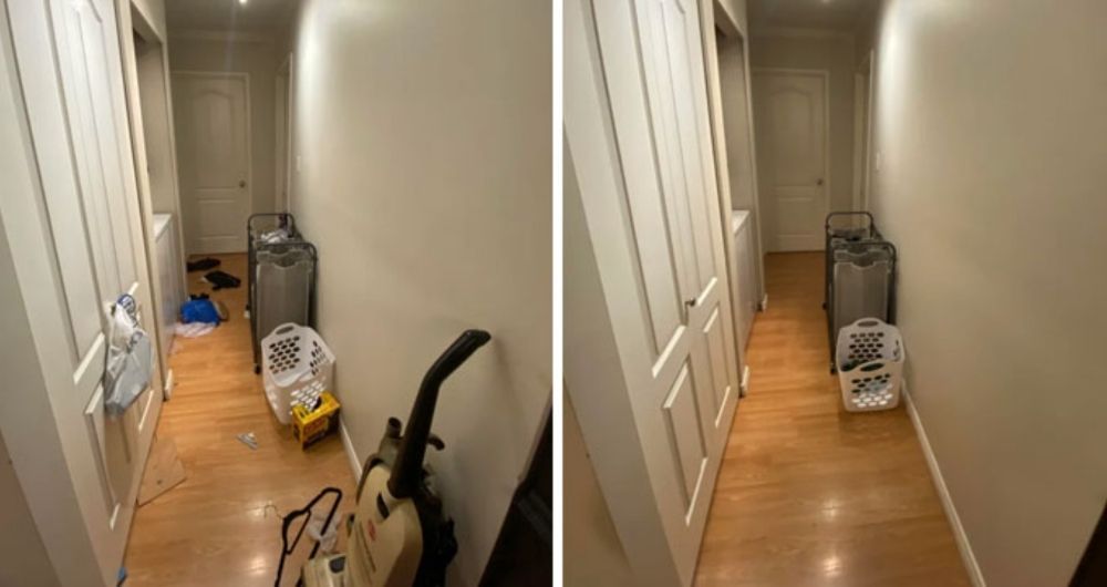Two pictures of a hallway with a vacuum cleaner and laundry baskets.