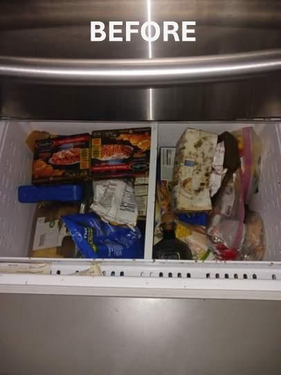 A before picture of a freezer filled with food