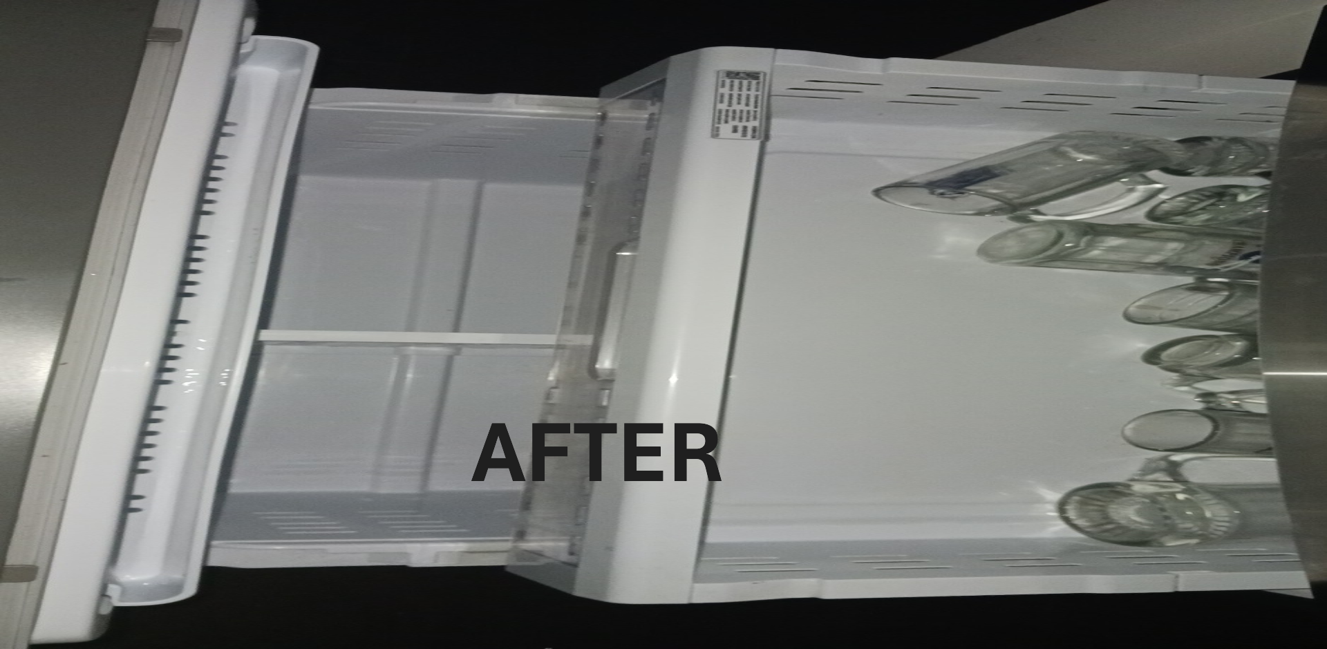 The inside of a refrigerator with the words after on it