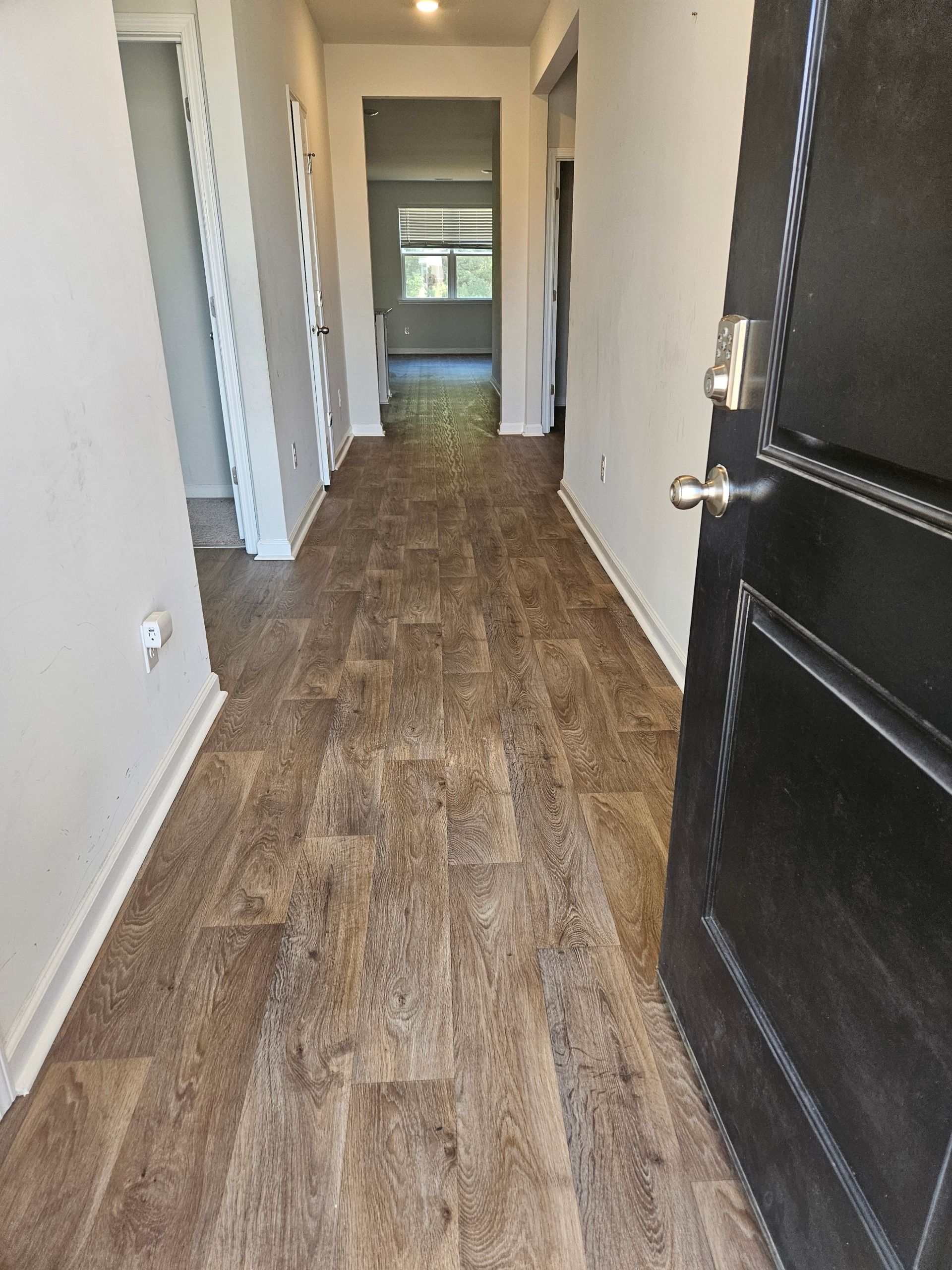 A hallway with hardwood floors and a black door.