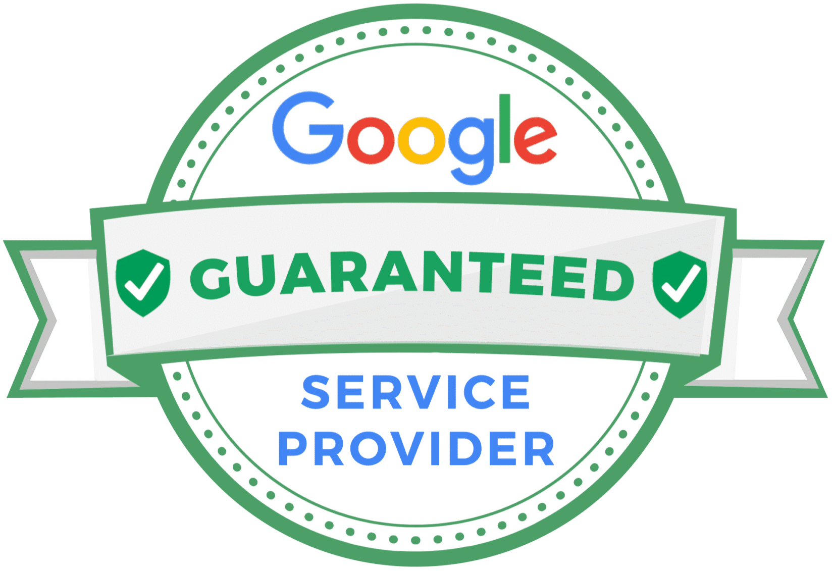Google Guaranteed Service Provider badge with green and white colors.