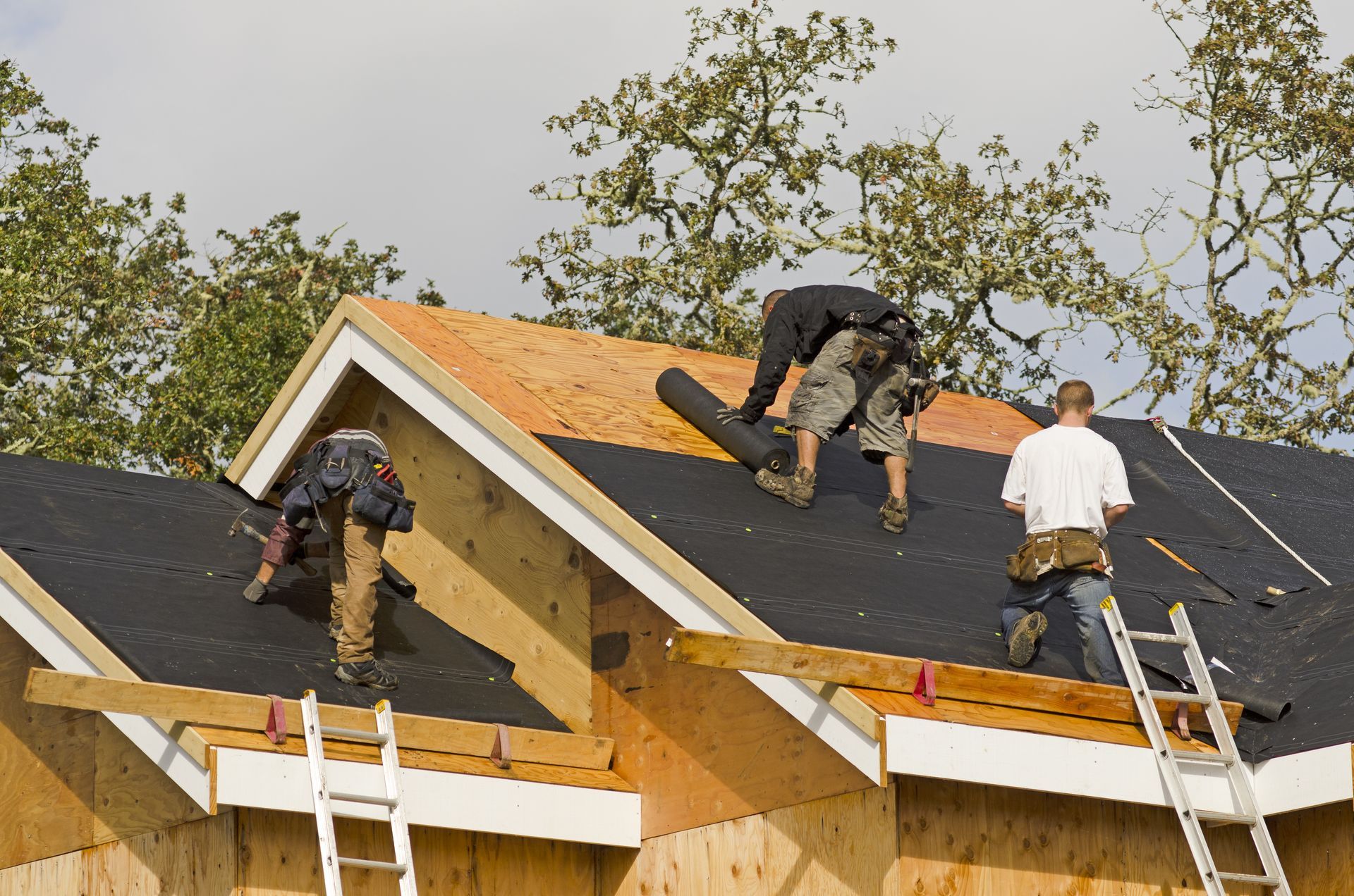 Un groupe d'hommes travaillent sur le toit d'une maison