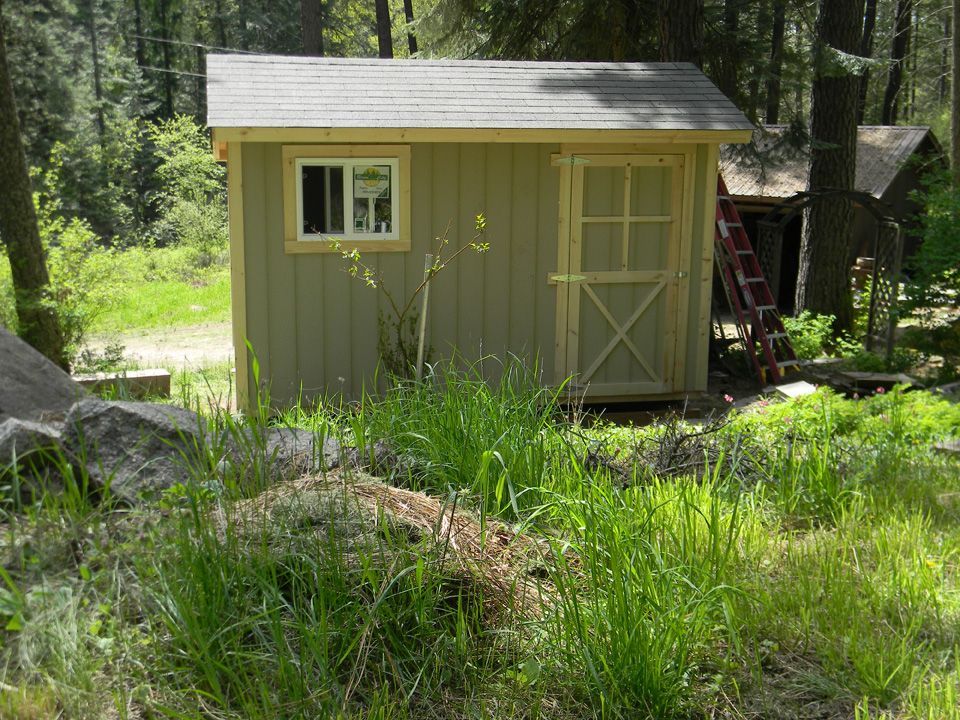 A small shed is sitting in the middle of a grassy field.